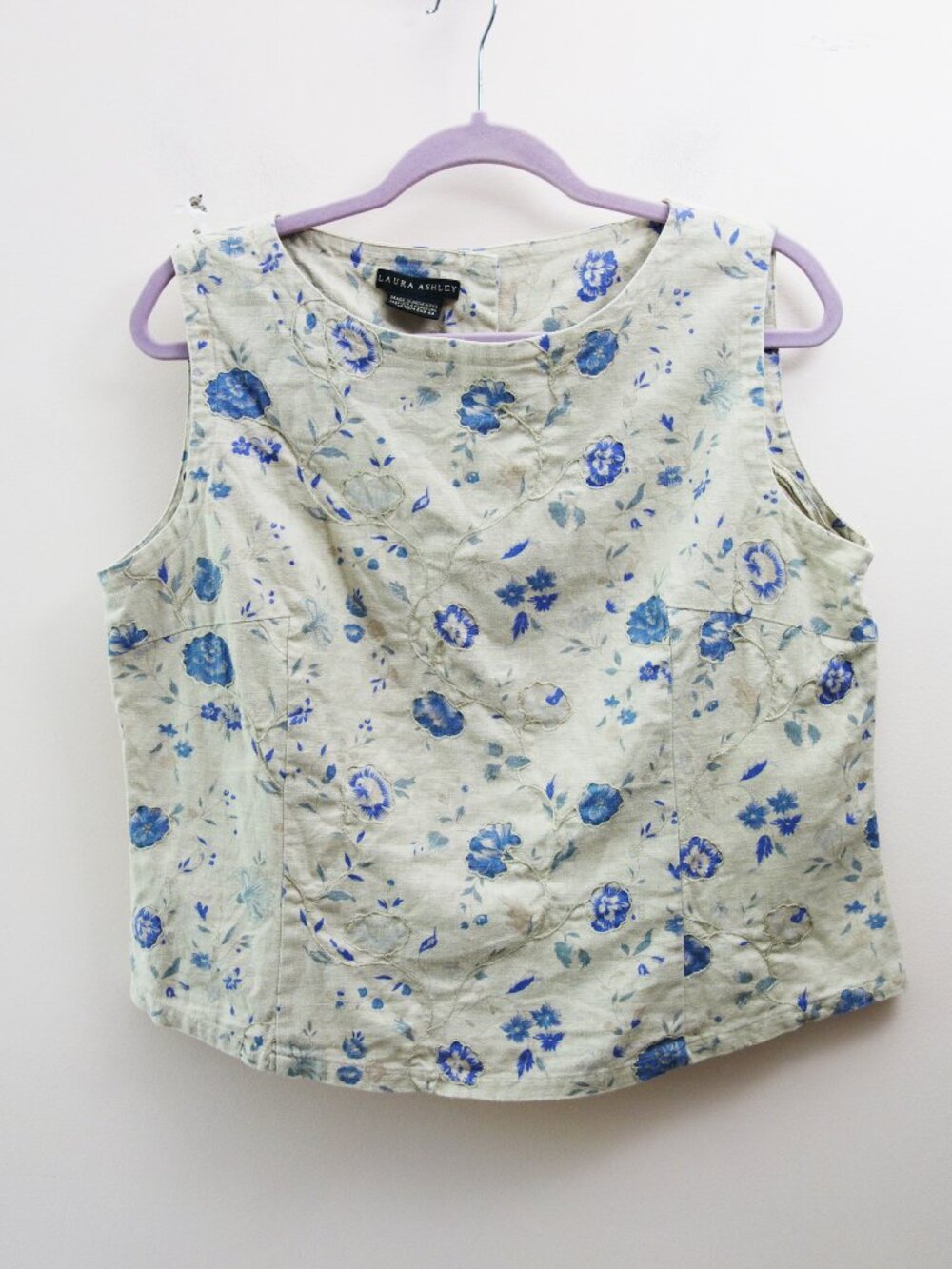 Laura Ashley Sleeveless Linen/ Cotton Blend Floral Embroidery Crop Tank (14) EUC